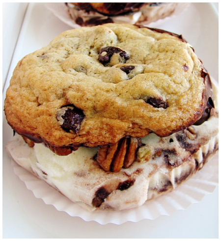 Chocolate Chip Ice Cream Sandwich with Pecan Surprise Chocolate Chip Ice Cream Sandwich with Pecan Surprise