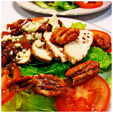 Chicken salad with Candied Pecans and Basil-Gorgonzola Vinaigrette